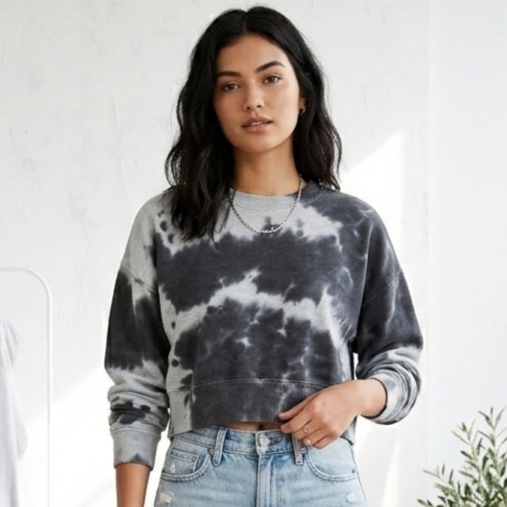 American Eagle Sweatshirt‎ Grey Tie Dye Cropped Fleece Pullover Crewneck Grunge